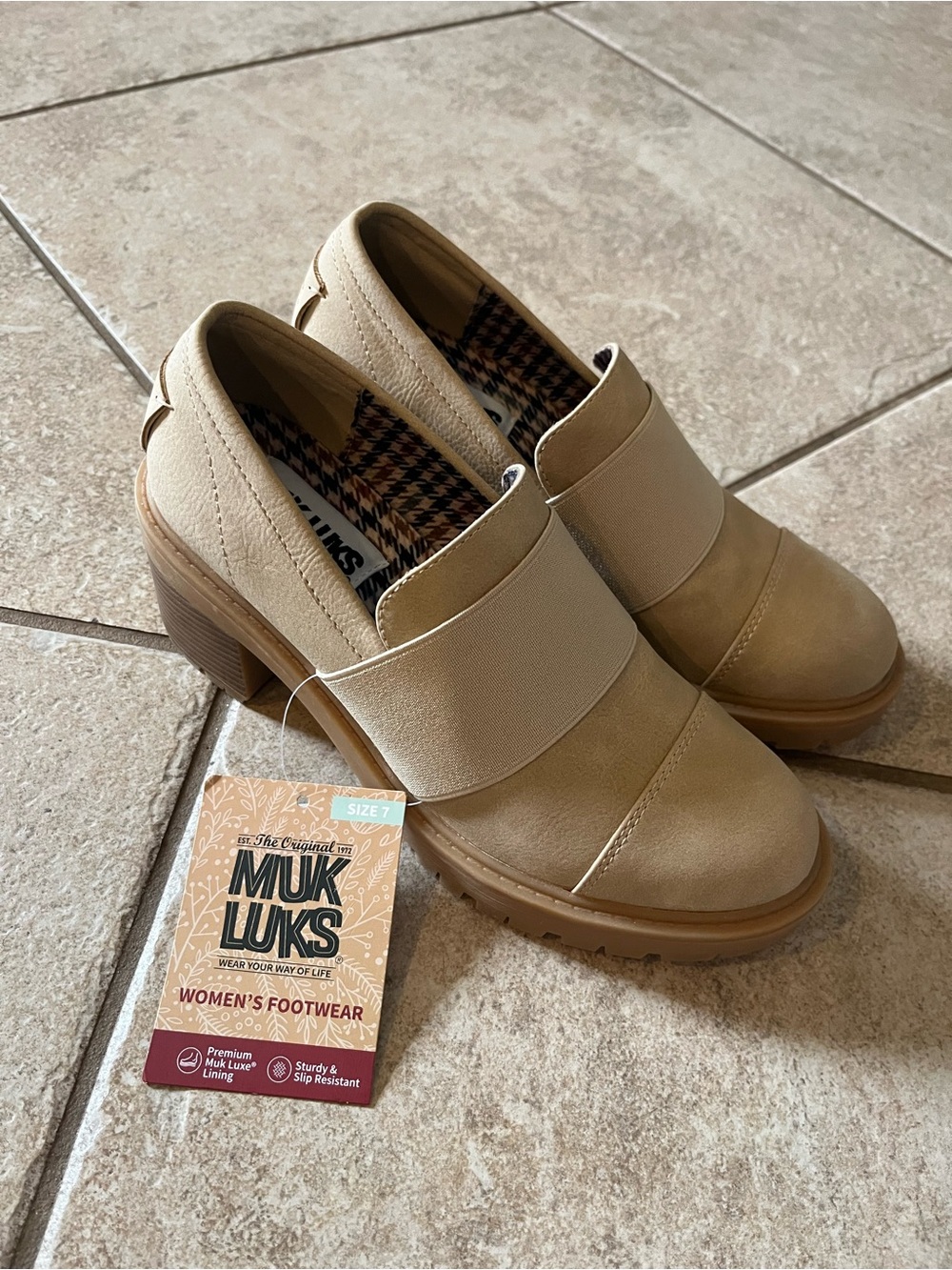 Muk Luks Women's Beige Tan Chunky Heel Slip-On Booties